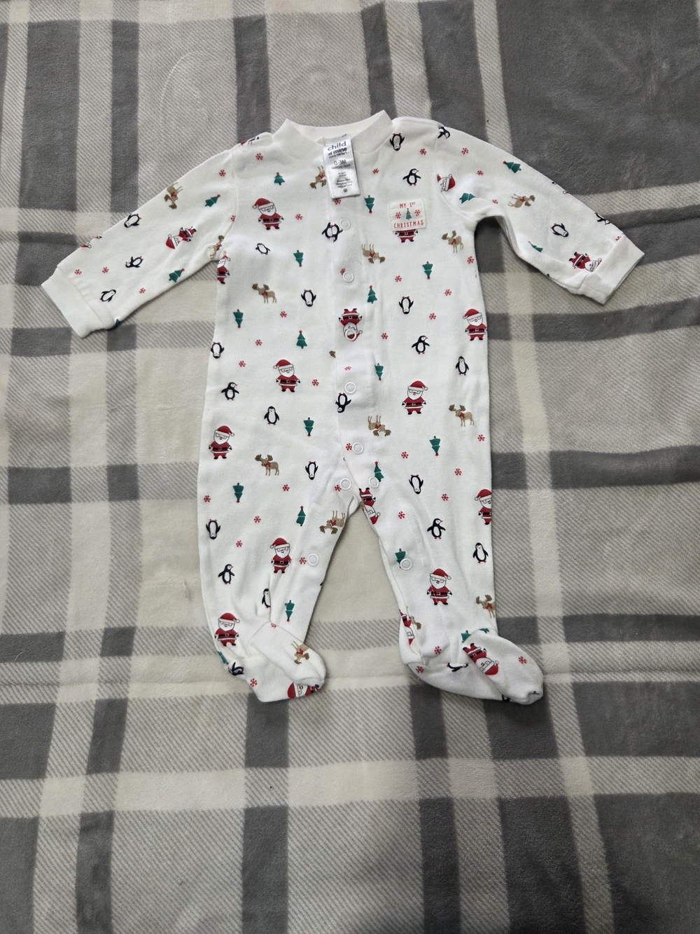 Child of Mine White Holiday Santa & Penguin Footed One-Piece